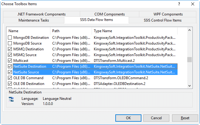 add NetSuite ssis components